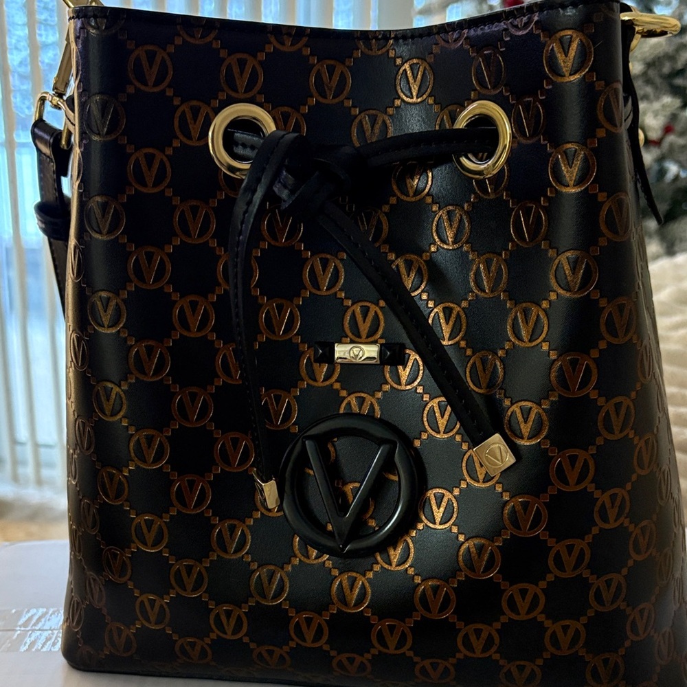 Mario Valentino Black and Gold Monogram Shoulder Bag